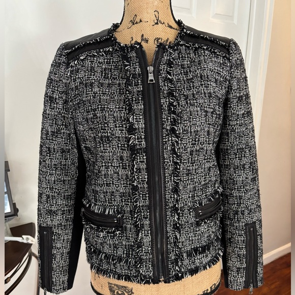 Rebecca Taylor Black and White Tweed Jacket lamb leather classic luxury - Picture 1 of 10